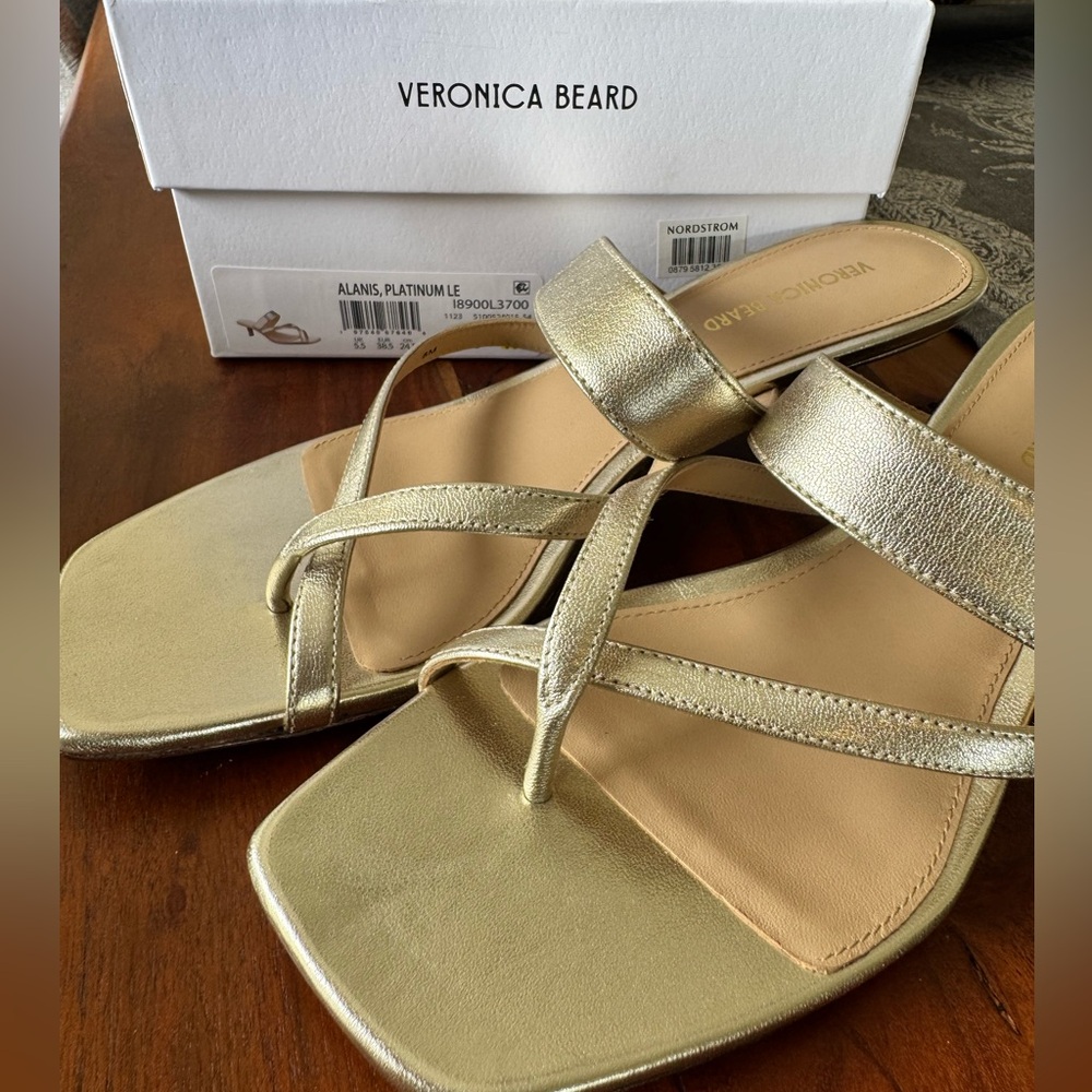 Veronica Beard Alanis Metallic Platinum Kitten Heel Slide Sandals